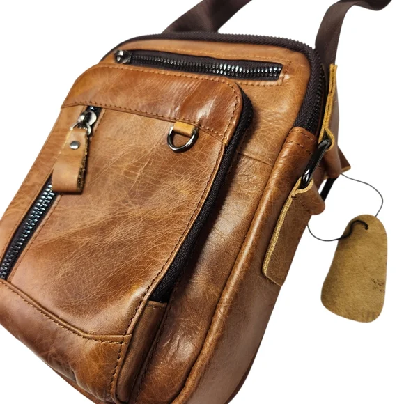 Leather Crossbody Bag Multi Pocket Travel Messenger Bag Unisex Adjustable Strap - Picture 6 of 15